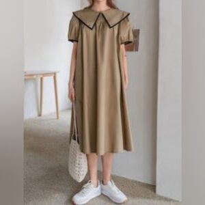 New! DAZY Contrast Binding Sailor Collar Puff Sleeve Dress Khaki